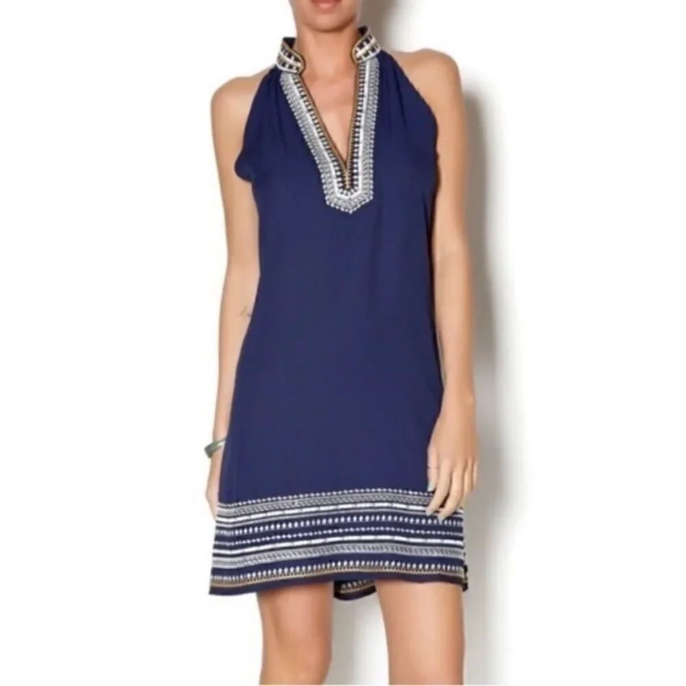 THML Navy with White Embroidery Halter Dress-S
